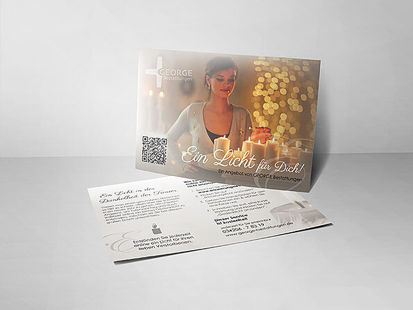 Tip-on-Card für Bestattungsunternehmen George, aufklebbare Werbepostkarte im Corporate Design
