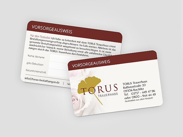Vorsorgeausweis für Bestattungsvorsorge bei Torus Trauerhaus im Kreditkartenformat