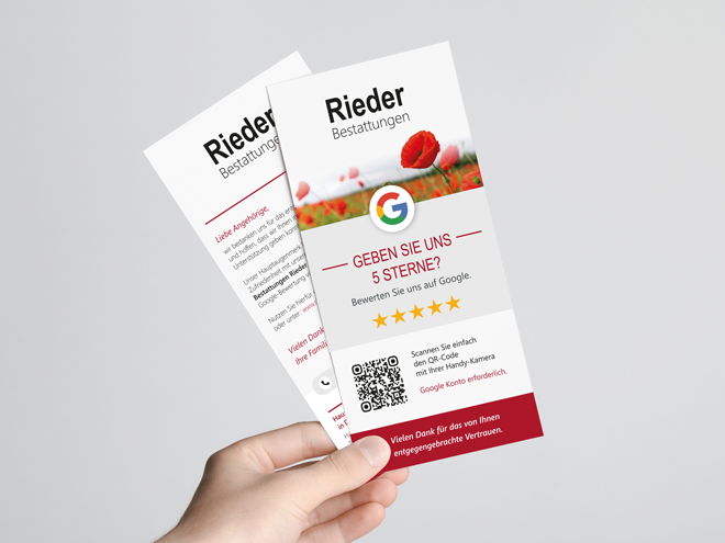 Google-Bewertungskarte für Bestattungsunternehmen Rieder mit QR-Code zur direkten Google-Rezension